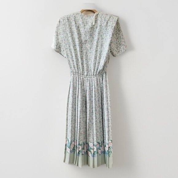 Leslie Fay Vtg Sage Green Pink Floral Cottagecore Belted Pleated Midi Dress 10 - Picture 3 of 8